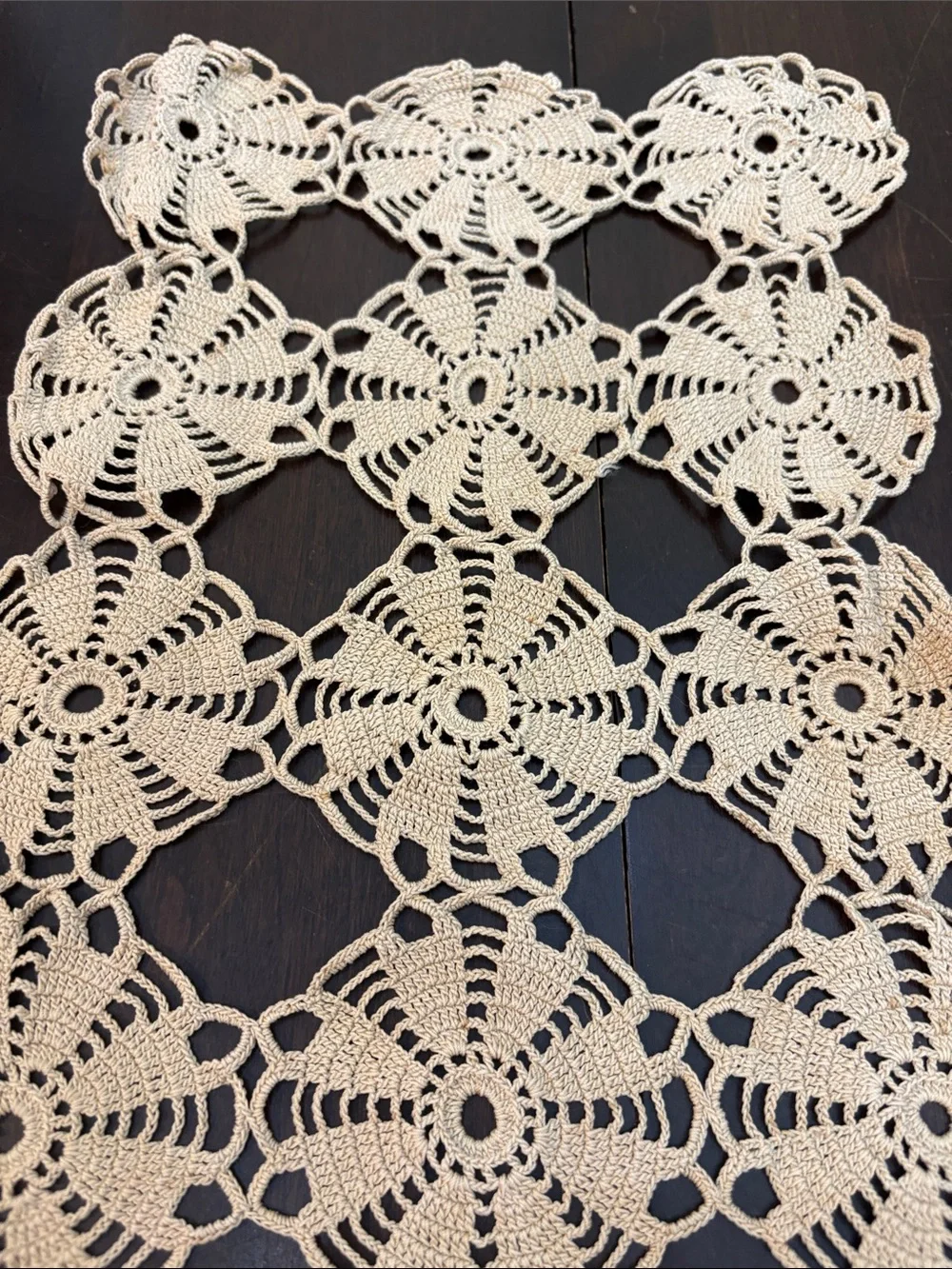 Vintage Handmade Crochet Table Runner in Taupe